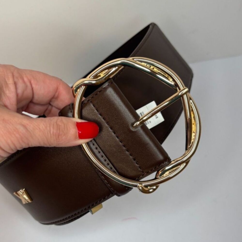 Anne Klein Wide Brown Leather Gold Buckle Belt Adjustable Shiny Womens - Picture 4 of 5